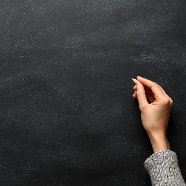 Hand Holding Chalk Next to Blank Blackboard