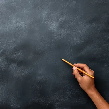 Chalk in hand next to a black school blackboard space for text