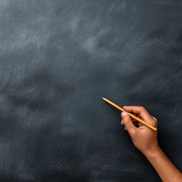 Hand Holding Chalk Next to Blank Blackboard