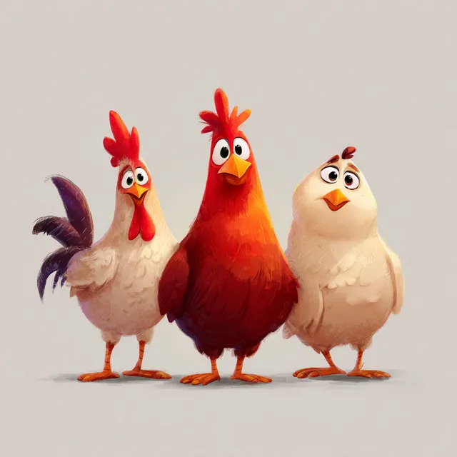 Three Cartoon Chickens in Playful Style