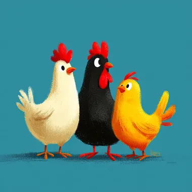 3 illustrated chickens, cartoon style, kids, isolated