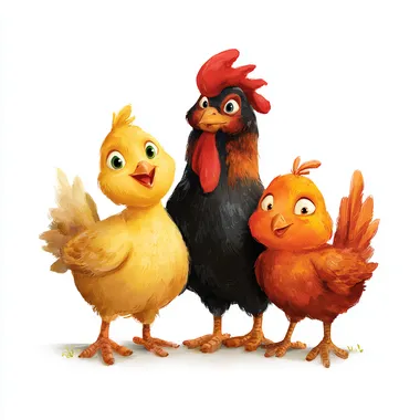 3 illustrated chickens, cartoon style, kids, isolated