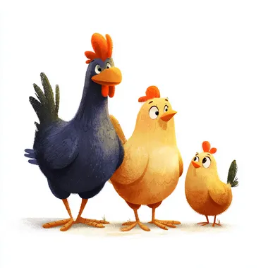 3 illustrated chickens, cartoon style, kids, isolated