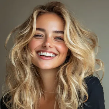 PHOTO OF A HAPPY BLONDE WITH LONG CURLS