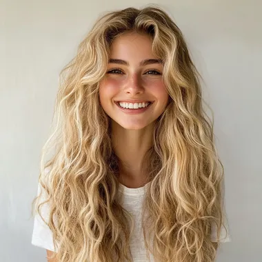 PHOTO OF A HAPPY BLONDE WITH LONG CURLS