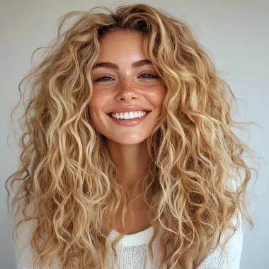 PHOTO OF A HAPPY BLONDE WITH LONG CURLS