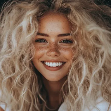 PHOTO OF A HAPPY BLONDE WITH LONG CURLS