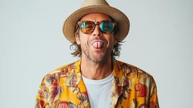 portrait photography of a standing, smart, cool, 40- year old skater guy sticking his tongue out, in modern clothes in front of a white background. from the waist up, Terry richards style