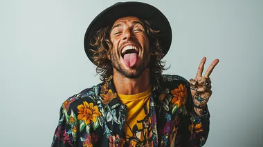 portrait photography of a standing, smart, cool, 40- year old skater guy sticking his tongue out, in modern clothes in front of a white background. from the waist up, Terry richards style