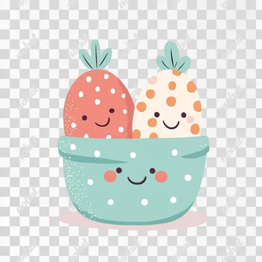 cute easter basket with polka dot eggs, vector illustration on a white background. Easter character in a flat design for a children's book or poster, vibrant color, lighting and shadows, perspective, illustration page for babies