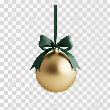 a ball-shaped ornament with bow, crafted from smooth, matte silicone in a rich, festive gold. The surface is soft to the touch. The bow have a green color. The ornament levitates on a neutral white background, with soft lighting that emphasizes the matte finish. Ultra-detailed render focusing on the tactile contrast and the festive color palette.