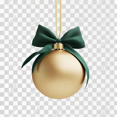 a ball-shaped ornament with bow, crafted from smooth, matte silicone in a rich, festive gold. The surface is soft to the touch. The bow have a green color. The ornament levitates on a neutral white background, with soft lighting that emphasizes the matte finish. Ultra-detailed render focusing on the tactile contrast and the festive color palette.
