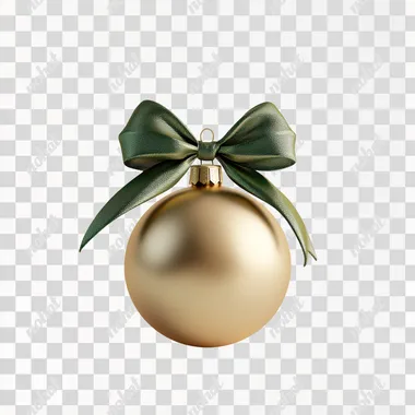 a ball-shaped ornament with bow, crafted from smooth, matte silicone in a rich, festive gold. The surface is soft to the touch. The bow have a green color. The ornament levitates on a neutral white background, with soft lighting that emphasizes the matte finish. Ultra-detailed render focusing on the tactile contrast and the festive color palette.