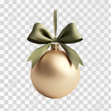 a ball-shaped ornament with bow, crafted from smooth, matte silicone in a rich, festive gold. The surface is soft to the touch. The bow have a green color. The ornament levitates on a neutral white background, with soft lighting that emphasizes the matte finish. Ultra-detailed render focusing on the tactile contrast and the festive color palette.