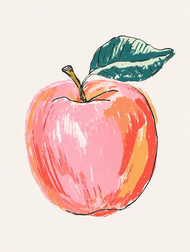 A simple and colorful illustration of a red apple. The illustration has an editorial style with a naive charm, featuring pink blush, orange pastel hues, simple line drawings, and a childlike innocence. The hand-drawn details and watercolor-like style add to the overall aesthetic.  rofile 57crkj6