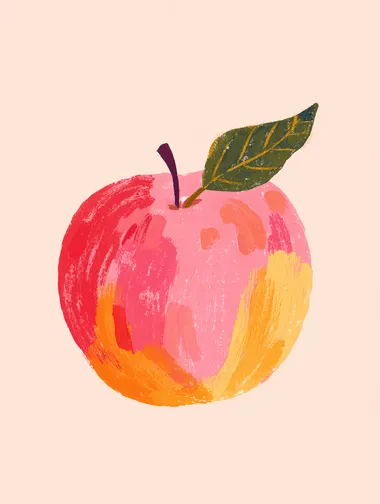 A simple and colorful illustration of a red apple. The illustration has an editorial style with a naive charm, featuring pink blush, orange pastel hues, simple line drawings, and a childlike innocence. The hand-drawn details and watercolor-like style add to the overall aesthetic.  rofile 57crkj6