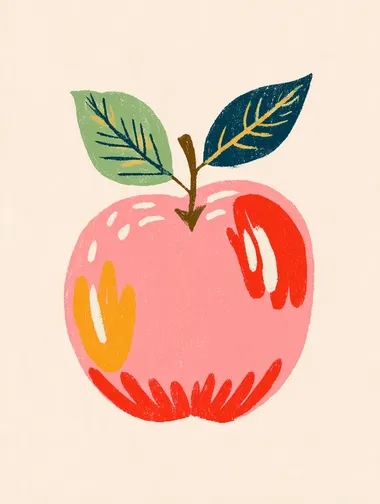 A simple and colorful illustration of a red apple. The illustration has an editorial style with a naive charm, featuring pink blush, orange pastel hues, simple line drawings, and a childlike innocence. The hand-drawn details and watercolor-like style add to the overall aesthetic.  rofile 57crkj6