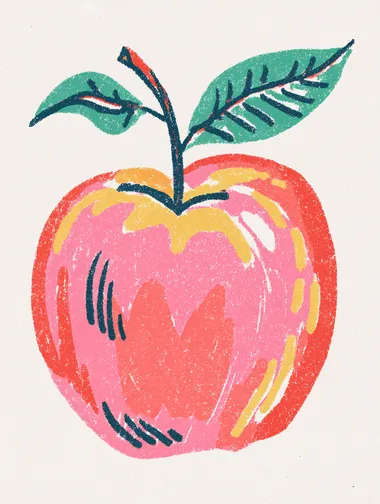 A simple and colorful illustration of a red apple. The illustration has an editorial style with a naive charm, featuring pink blush, orange pastel hues, simple line drawings, and a childlike innocence. The hand-drawn details and watercolor-like style add to the overall aesthetic.  rofile 57crkj6