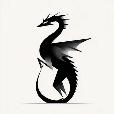 Monochromatic black and white flat minimalist vector art of a dragon, single color geometric style
