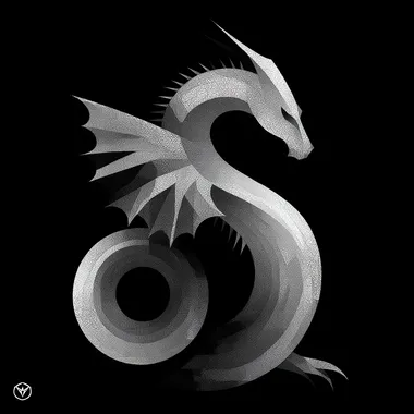 Monochromatic black and white flat minimalist vector art of a dragon, single color geometric style