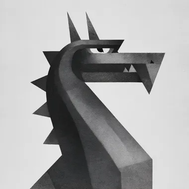 Monochromatic black and white flat minimalist vector art of a dragon, single color geometric style