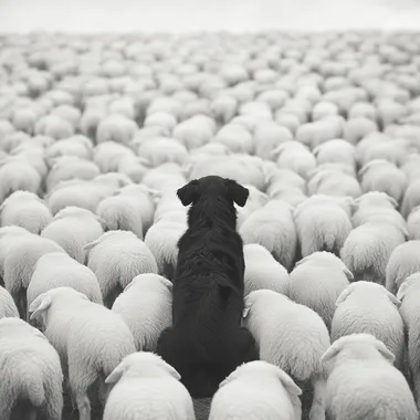 A surreal scene unfolds as a black shepherd dog sits in the middle of an endless flock of pure white sheep. The sheep, impossibly identical, seem frozen in time, their blank eyes staring into an unseen distance. The dog, an imposing figure of shadow and alertness, appears almost otherworldly, its presence defying the calm uniformity around it. The black-and-white tones heighten the surreal atmosphere, with sharp contrasts emphasizing the dreamlike tension between order and mystery. In this surreal landscape, the dog seems both guardian and enigma, a solitary sentinel in a sea of endless white.