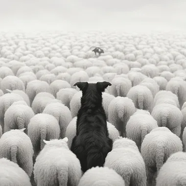 A surreal scene unfolds as a black shepherd dog sits in the middle of an endless flock of pure white sheep. The sheep, impossibly identical, seem frozen in time, their blank eyes staring into an unseen distance. The dog, an imposing figure of shadow and alertness, appears almost otherworldly, its presence defying the calm uniformity around it. The black-and-white tones heighten the surreal atmosphere, with sharp contrasts emphasizing the dreamlike tension between order and mystery. In this surreal landscape, the dog seems both guardian and enigma, a solitary sentinel in a sea of endless white.