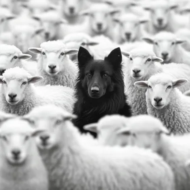 A surreal scene unfolds as a black shepherd dog sits in the middle of an endless flock of pure white sheep. The sheep, impossibly identical, seem frozen in time, their blank eyes staring into an unseen distance. The dog, an imposing figure of shadow and alertness, appears almost otherworldly, its presence defying the calm uniformity around it. The black-and-white tones heighten the surreal atmosphere, with sharp contrasts emphasizing the dreamlike tension between order and mystery. In this surreal landscape, the dog seems both guardian and enigma, a solitary sentinel in a sea of endless white.