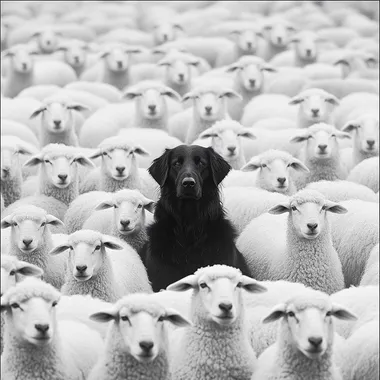 A surreal scene unfolds as a black shepherd dog sits in the middle of an endless flock of pure white sheep. The sheep, impossibly identical, seem frozen in time, their blank eyes staring into an unseen distance. The dog, an imposing figure of shadow and alertness, appears almost otherworldly, its presence defying the calm uniformity around it. The black-and-white tones heighten the surreal atmosphere, with sharp contrasts emphasizing the dreamlike tension between order and mystery. In this surreal landscape, the dog seems both guardian and enigma, a solitary sentinel in a sea of endless white.