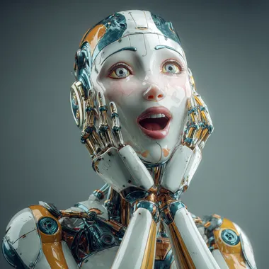 A beautiful humanoid robot woman with a happy surprised pretty face and mechanical joints