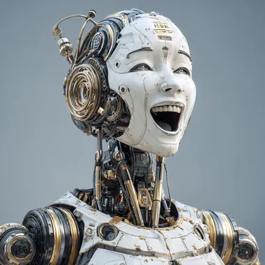 A beautiful humanoid robot woman with a happy surprised pretty face and mechanical joints