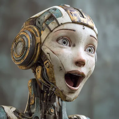 A beautiful humanoid robot woman with a happy surprised pretty face and mechanical joints