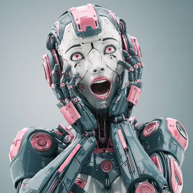 A beautiful humanoid robot woman with a happy surprised pretty face and mechanical joints