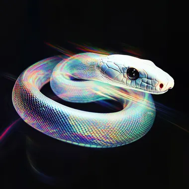 Black background, white snake with rainbow color scales, flowing lines, poster art, vintage aesthetics, dark white and black, double exposure, cinematic lighting, glitchy