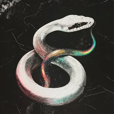 Black background, white snake with rainbow color scales, flowing lines, poster art, vintage aesthetics, dark white and black, double exposure, cinematic lighting, glitchy