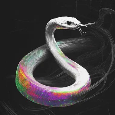 Black background, white snake with rainbow color scales, flowing lines, poster art, vintage aesthetics, dark white and black, double exposure, cinematic lighting, glitchy