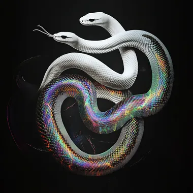 Black background, white snake with rainbow color scales, flowing lines, poster art, vintage aesthetics, dark white and black, double exposure, cinematic lighting, glitchy