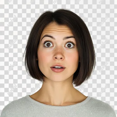 a beautiful European brunette woman of thirty-seven, with a few bags under her eyes and Japanese-style bob hair. she is surprised and looks up. he has a round nose, large, round eyes, quite close together, and a round chin. Real photo, png photo