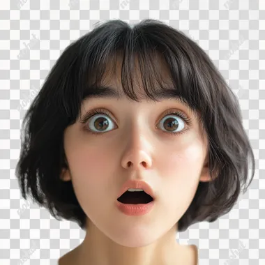 a beautiful European brunette woman of thirty-seven, with a few bags under her eyes and Japanese-style bob hair. she is surprised and looks up. he has a round nose, large, round eyes, quite close together, and a round chin. Real photo, png photo