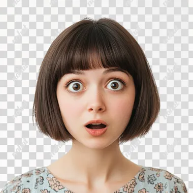 a beautiful European brunette woman of thirty-seven, with a few bags under her eyes and Japanese-style bob hair. she is surprised and looks up. he has a round nose, large, round eyes, quite close together, and a round chin. Real photo, png photo