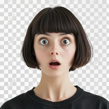 a beautiful European brunette woman of thirty-seven, with a few bags under her eyes and Japanese-style bob hair. she is surprised and looks up. he has a round nose, large, round eyes, quite close together, and a round chin. Real photo, png photo