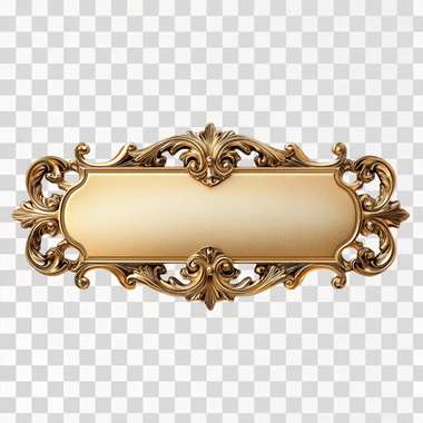 golden shiny name tag with decorative elements on a white background, top view.