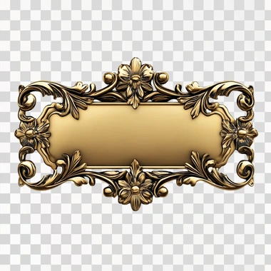 golden shiny name tag with decorative elements on a white background, top view.