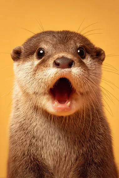 A small otter with paws on its cheeks, jaw dropped in mock shock like its gasping dramatically, warm ivory backdrop