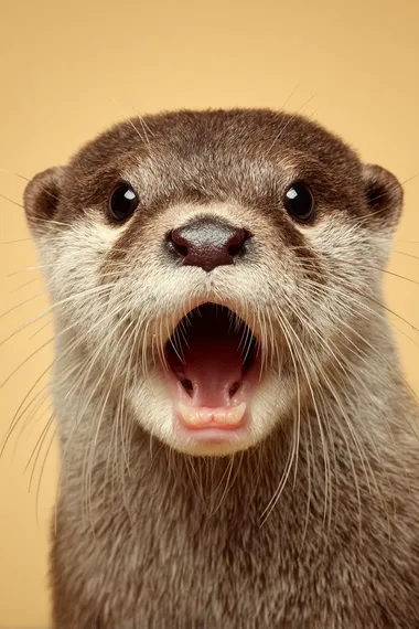 A small otter with paws on its cheeks, jaw dropped in mock shock like its gasping dramatically, warm ivory backdrop