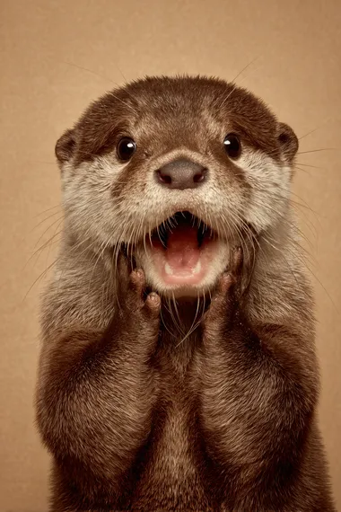 A small otter with paws on its cheeks, jaw dropped in mock shock like its gasping dramatically, warm ivory backdrop