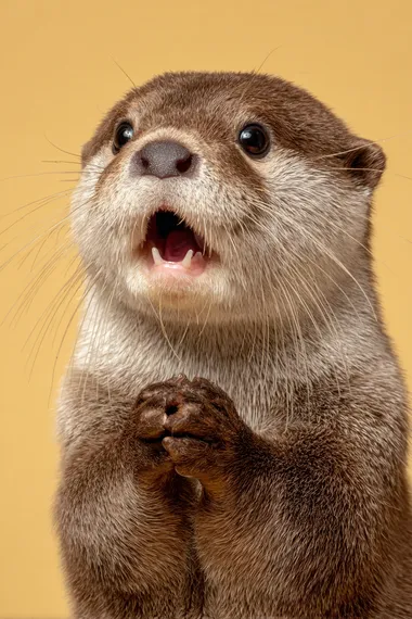 A small otter with paws on its cheeks, jaw dropped in mock shock like its gasping dramatically, warm ivory backdrop