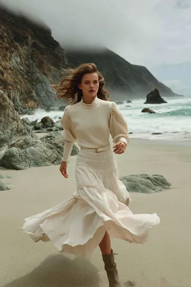 A cinematic fashion photo of a woman in a cream puff-sleeve knit sweater and flowing white lace-trimmed skirt, running along a windy beach with rocks and mist, seen from a low angle, her skirt and hair flowing in motion, dramatic cliffs and waves in the background, soft natural lighting, campaign style of Chlo and Loro Piana       ikeub9j
