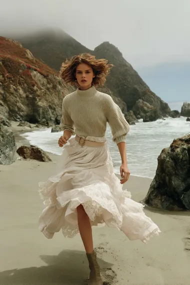 A cinematic fashion photo of a woman in a cream puff-sleeve knit sweater and flowing white lace-trimmed skirt, running along a windy beach with rocks and mist, seen from a low angle, her skirt and hair flowing in motion, dramatic cliffs and waves in the background, soft natural lighting, campaign style of Chlo and Loro Piana       ikeub9j