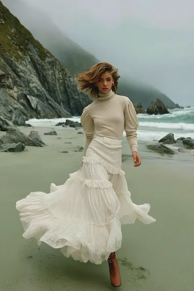 A cinematic fashion photo of a woman in a cream puff-sleeve knit sweater and flowing white lace-trimmed skirt, running along a windy beach with rocks and mist, seen from a low angle, her skirt and hair flowing in motion, dramatic cliffs and waves in the background, soft natural lighting, campaign style of Chlo and Loro Piana       ikeub9j